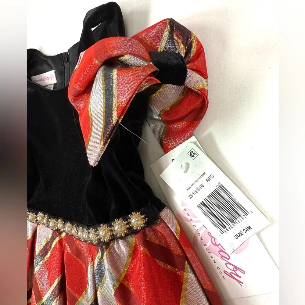 NWT BONNIE BABY Girl Red Plaid Velvet Holiday Dress Shoulder Bow Sleeves 24M NEW